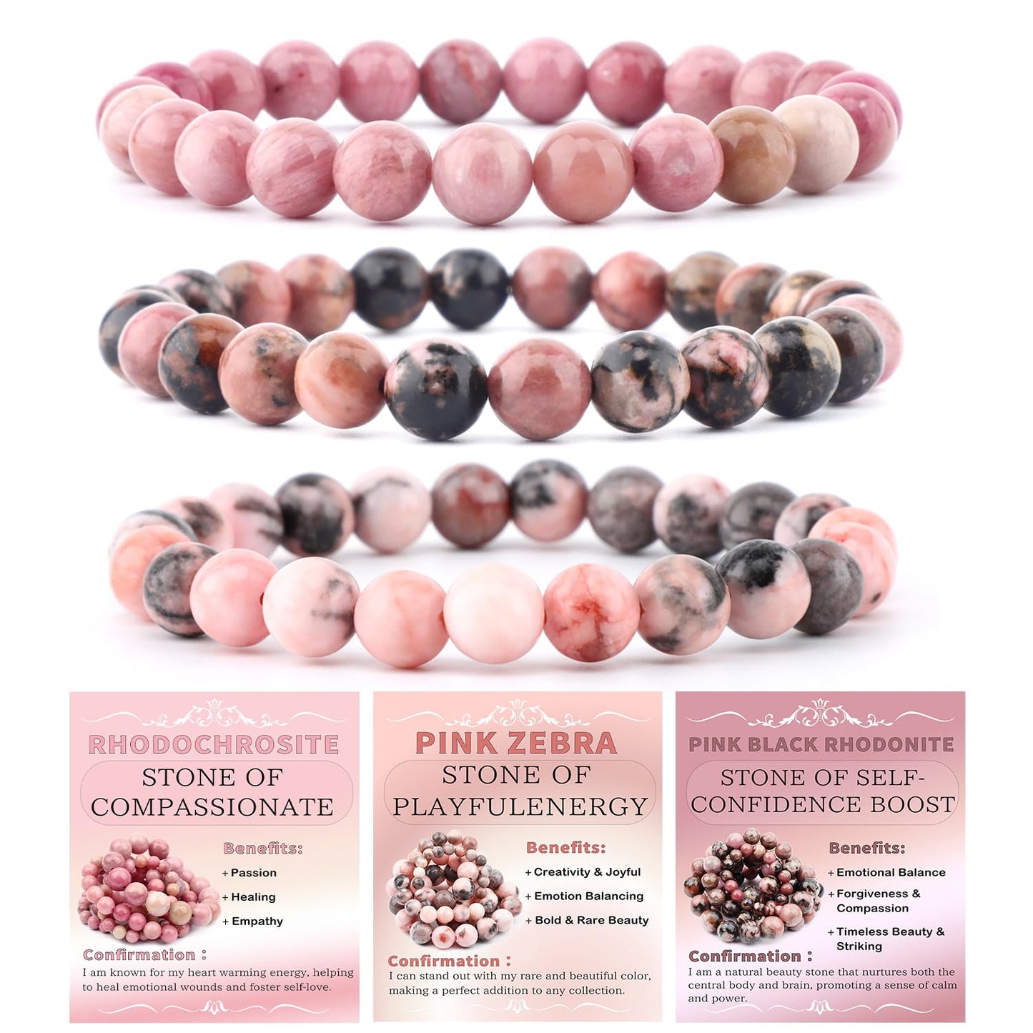 CMBYN 3-Pieces 8mm Natural Crystal Gemstone – ﻿Rhodochrosite, Pink Zebra, Pink Black Rhodonite Handmade Reiki Energy Healing Stretch Bracelets Jewelry for Yoga, Meditation, Unisex