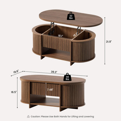 Sikaic Fluted Lift Top Coffee Table with Storage, Mid Century Modern Oval Coffee Tables with Open Shelf and Hidden Storage Compartment, Center Table for Living Room, Office, Small Space, Walnut Brown
