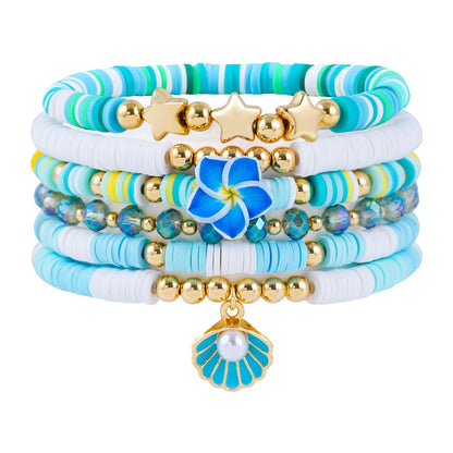 RISHEGAE Heishi Beaded Stretch Bracelets for Women Stackable Gold Polymer Clay Beads Bracelets Friendship Boho Summer Beach Bracelet Jewelry Set (F-Blue Flower)