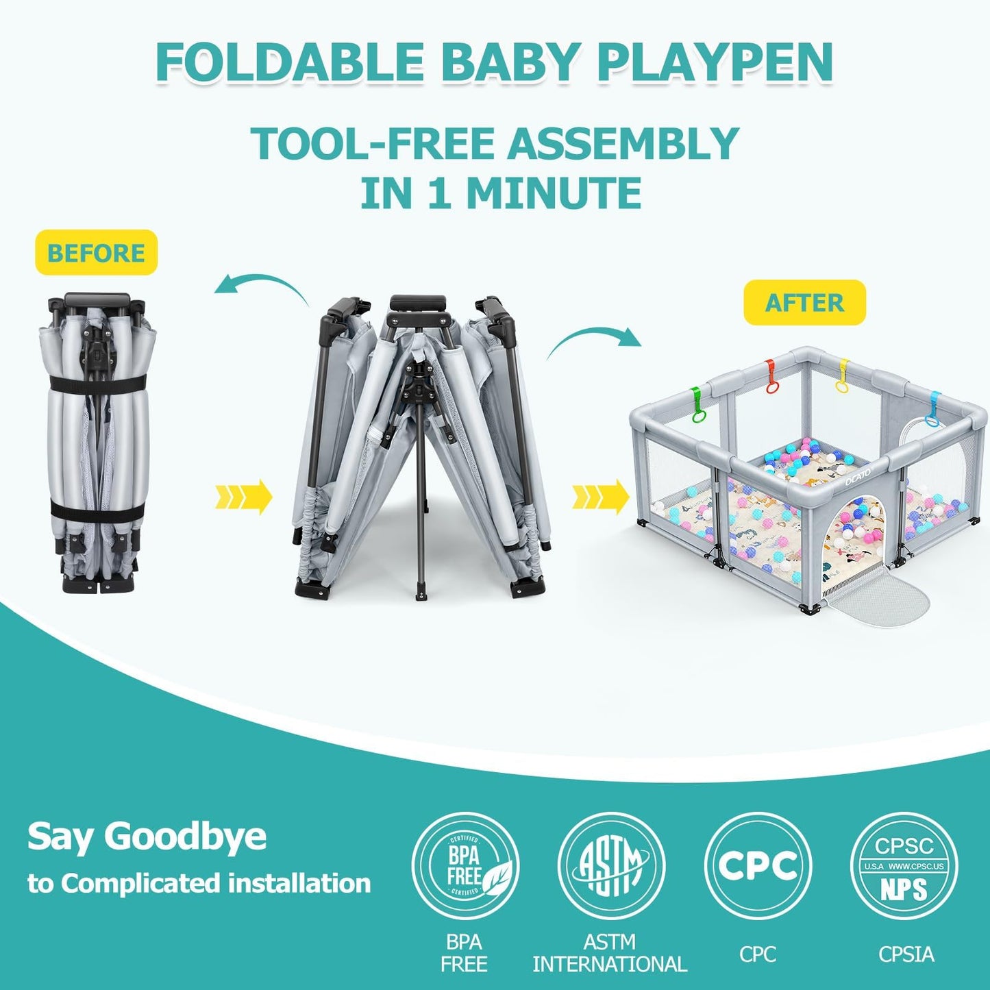 OCATO Baby Playpen with Mat: Foldable Playpen for Babies and Toddlers Play Pen Portable Playpens Fence Indoor Outdoor Kids Safety Area Play Yard with 50x50 Playpens Mat 4 Handlers 50 Balls (50" × 50")