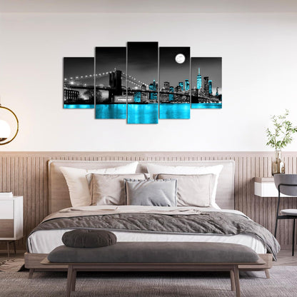 KLVOS 5 Panel Brooklyn Bridge Canvas Wall Art Modern New York City Picture Painting Blue Night View with Moon Decor for Home Ready to Hang