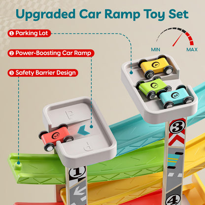 TOP BRIGHT Car Ramp Toys, Race Track Car Toy for Toddler Age 2-4 Year Old Boy with 4 Cars, Parking Lot & Gas Station, Toddler Montessori Toys and Birthday for Boys and Girls