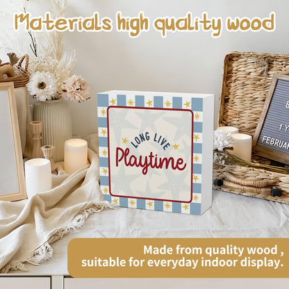 YZSLA Playroom Wall Decor,Long Live Playtime Woodne Sign Decor,Toddler Playroom Decor Wood Block Box Sign for Kids Room Bedroom Shelf Tabletop Wall Decor,5x5 Inch
