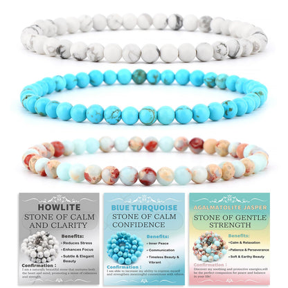 NCB 3-Piece 4mm Natural Crystal Gemstone Stretch Bracelets – ﻿Agalmatolite Jasper, Blue Turquoise, Howlite Handmade Reiki Energy Healing Jewelry for Meditation,Yoga, Unisex