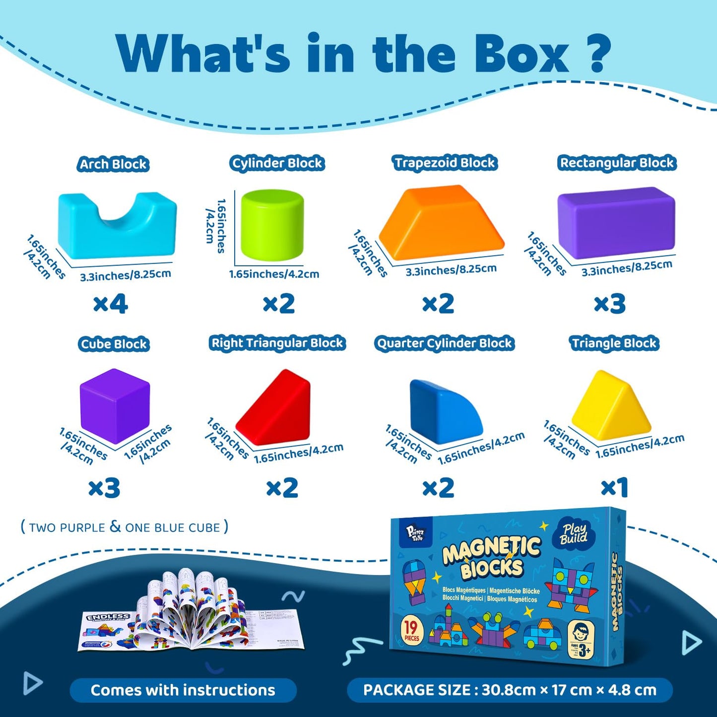 Pairez Toys Magnetic Blocks, Large 1.65 inch Magnetic Cubes for Kids, 3D Multi-Shape Building Blocks, Preschool Educational Building Kit, Montessori Sensory Toys for Toddlers 3-5 (19pcs)