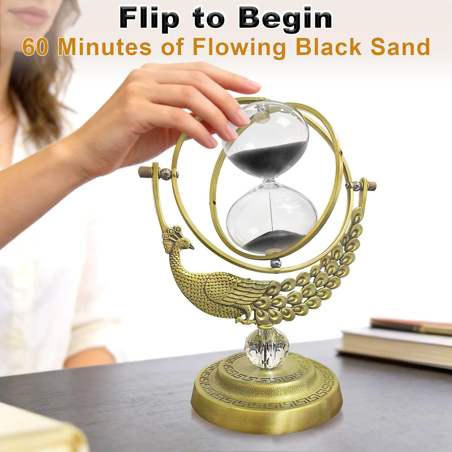 Hourglass 60 Minute Sand Timer, 720° Rotating Brass Peacock & Crystal Ball Sand Clock,Antiguo Reloj De Arena 1 Hora, Large Metal One Hour Glass Sandglass for Gifts Office Desk Decor