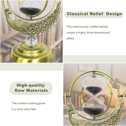 SuLiao Hourglass Sand Timer, 60 Minute Peacock Rotating Hour Glass, 60 Min Unique Black Sand Clock, Large 1 Hour Brass Sandglass, 1 hr Metal Decorative Reloj De Arena, Desk, Office, Home