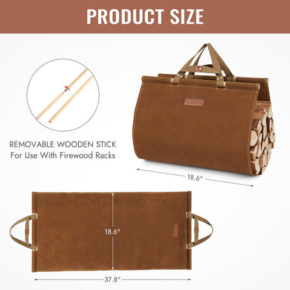 Zettfuly Firewood Carrier with Handles - Waxed Canvas Log Carrier for Firewood, Woods Carrier for Firewood Tote Bag 38x19in, Water Resistant Log Tote Wood Carrying Bag, Wood Stove Accessories, Rust