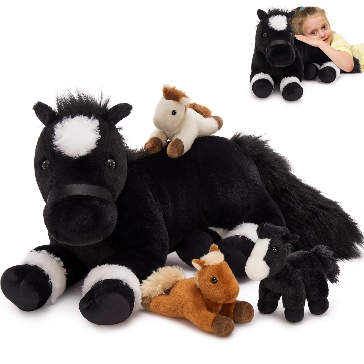 MaoGoLan 4 Pcs Horse Stuffed Animal Set, Large Stuffed Mommy Horse with Babies Pony Plush Toy for Girl Boy Kid, Pony Stuffed Animal for Easter Birthday Baby Shower Decor, 18 inches