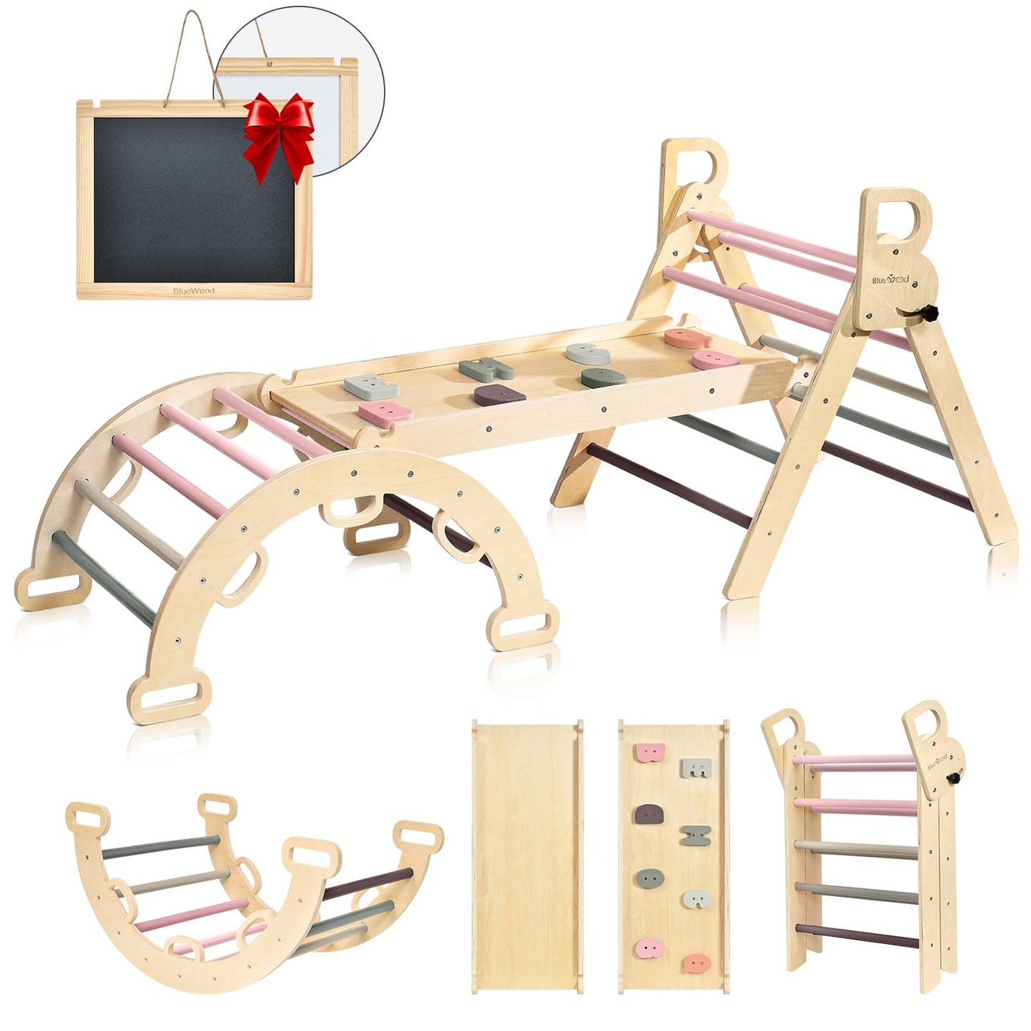 BlueWood Pikler Triangle Set, 7-in-1 Foldable Wooden Toddler Climbing Toys Indoor Playground Jungle Gym Montessori Philosophy Climber for 2-6 Years Old, Baby, Kids (Mauve Pink)