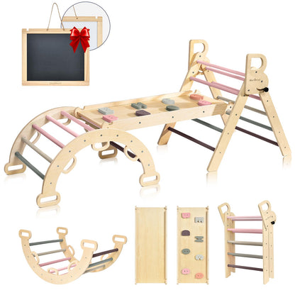 BlueWood Pikler Triangle Set, 7-in-1 Foldable Wooden Toddler Climbing Toys Indoor Playground Jungle Gym Montessori Philosophy Climber for 2-6 Years Old, Baby, Kids (Mauve Pink)