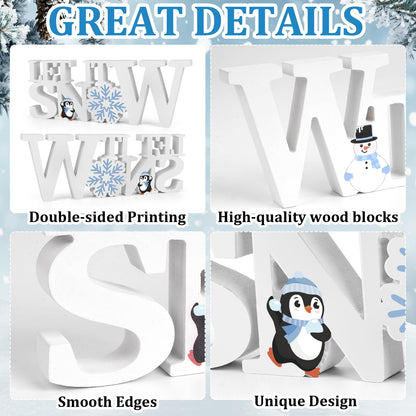 COCHIE Wooden Winter Let It Snow Sign, Snowflake Winter Decorations for Home, Office, Shelf, Mantel, Indoor, Blue White Wood Table Top Party Decor (White)