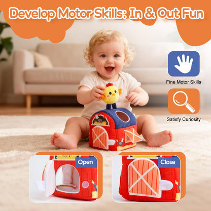 ZXHWTG Baby Toys 6-12 Months, Soft Barn Montessori Sensory Infant Toy for 6 7 8 9 10 Month Old, 1st Birthday Baby Gifts for 1 Year Old Boy Girl, Stuffed Farm Animals, Rattle Squeaky Crinkle Sound