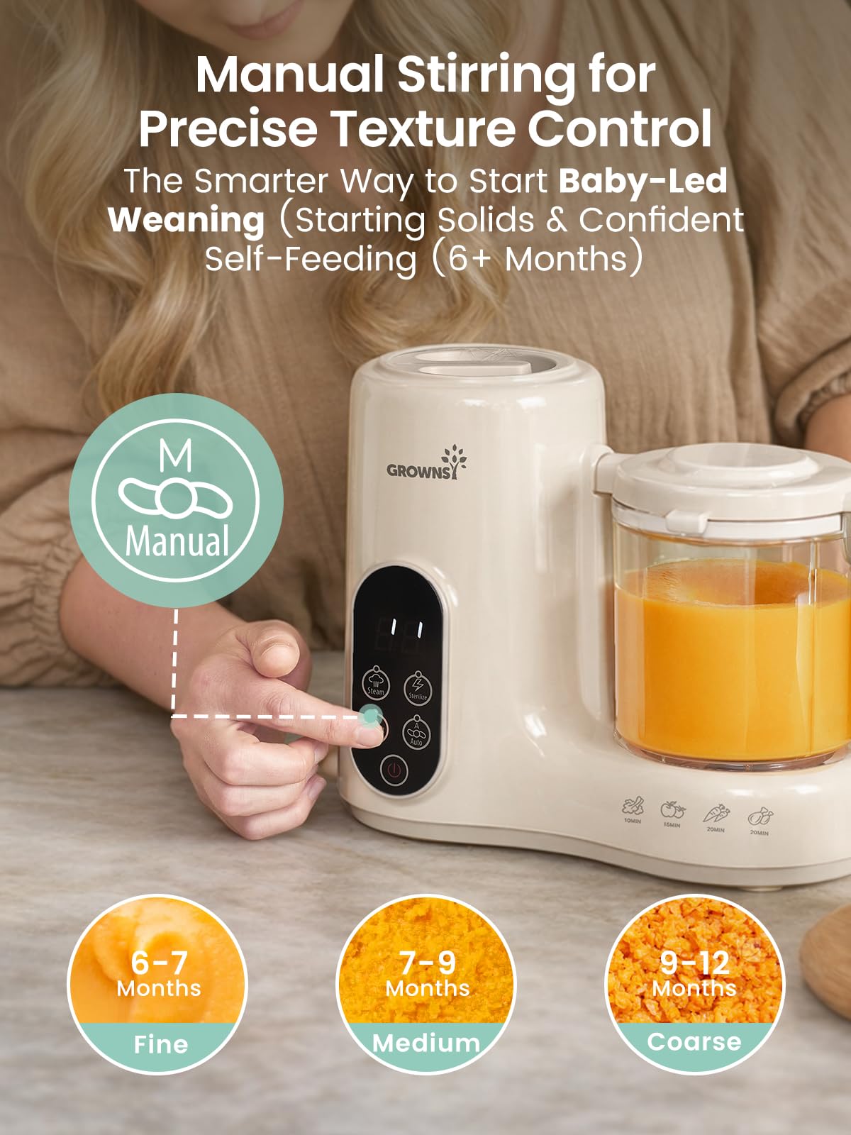 Grownsy Baby Food Maker with Dual-Layer Steam Basket | Baby Food Processor for Starting Solids & Babies 6+ Months | Steamer Blender & Puree Machine for Healthy Homemade Baby Food, BPA-Free,Cream