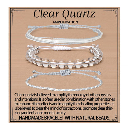 QOGIR Handmade Healing Bracelet,8mm Natural Clear Quartz Crystal Gem Stone Beads Bracelet for Men Women Gifts with 2PCS Size Adjustable Rope Bracelets