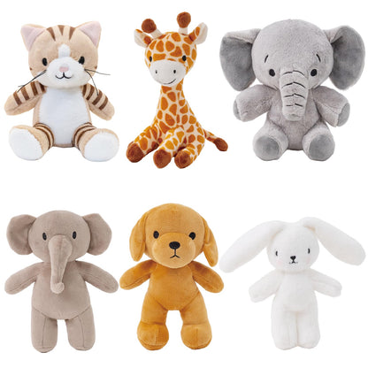AmyToo 6 Pcs Stuffed Animals Bulk, 8 Inch Small Stuffed Safari Animals, Zoo Stuffed Animals Set (Cat Dog Elephants Giraffe Bunny) Baby Shower Party Decor, Easter Gift for Classroom Kids, Teens, Girls