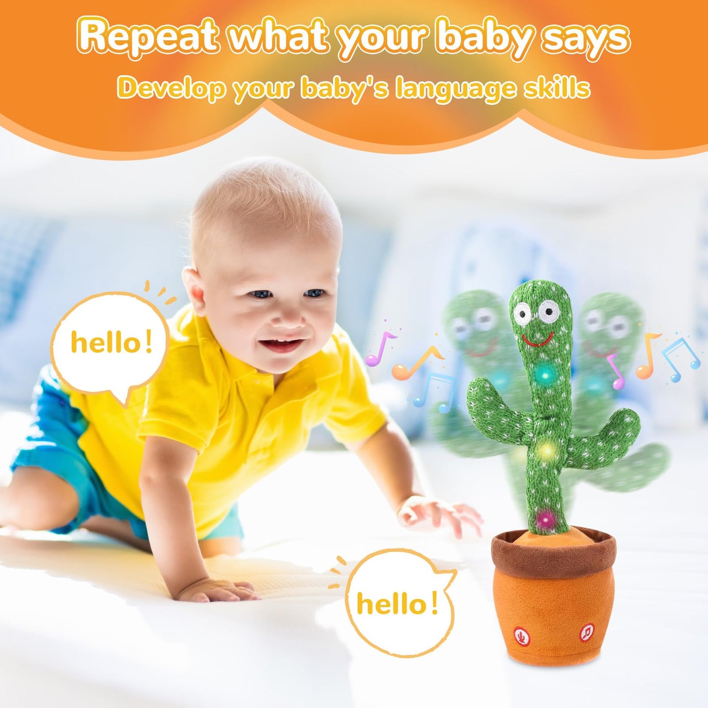 Dancing Talking Cactus Baby Toy, Singing Mimicking Repeating Cactus Toy Repeats What You Say, Tummy Time Toys LED Interactive Toddler Infant for Boys Girls, 15S Record Your Sound 1 Year Old Girl Gifts