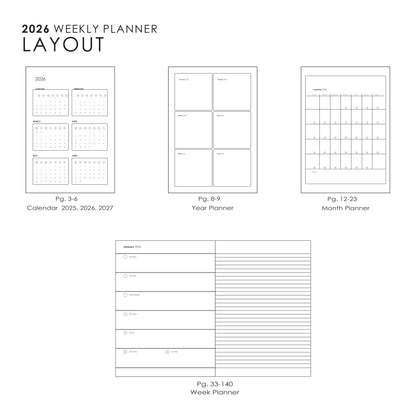 myPAPERCLIP 2026 Weekly Planner | Italian Vegan Leather Cover, 192 Pages, 80 GSM, A5 (5.83 x 8.27 in) | Flat Lay | Yearly Calendar, Monthly Overview & Weekly Planner Layout | Black