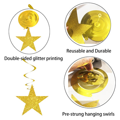 Black Gold Graduation Decorations/Black Gold Party Decorations/Black and Gold Star Hanging Swirls, 16 Pieces, for Birthday,New Year Eve, Graduation Star Party Decorations