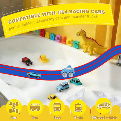 Race Car Bath Toy Set, Toddler Bath Toys, Flex Race Track Car Set, Kids Bathtub Gift, Including Mesh Storage Bag - Suction Cup, for Ages 3 & Up (10-Piece Set) (Blue & Red)
