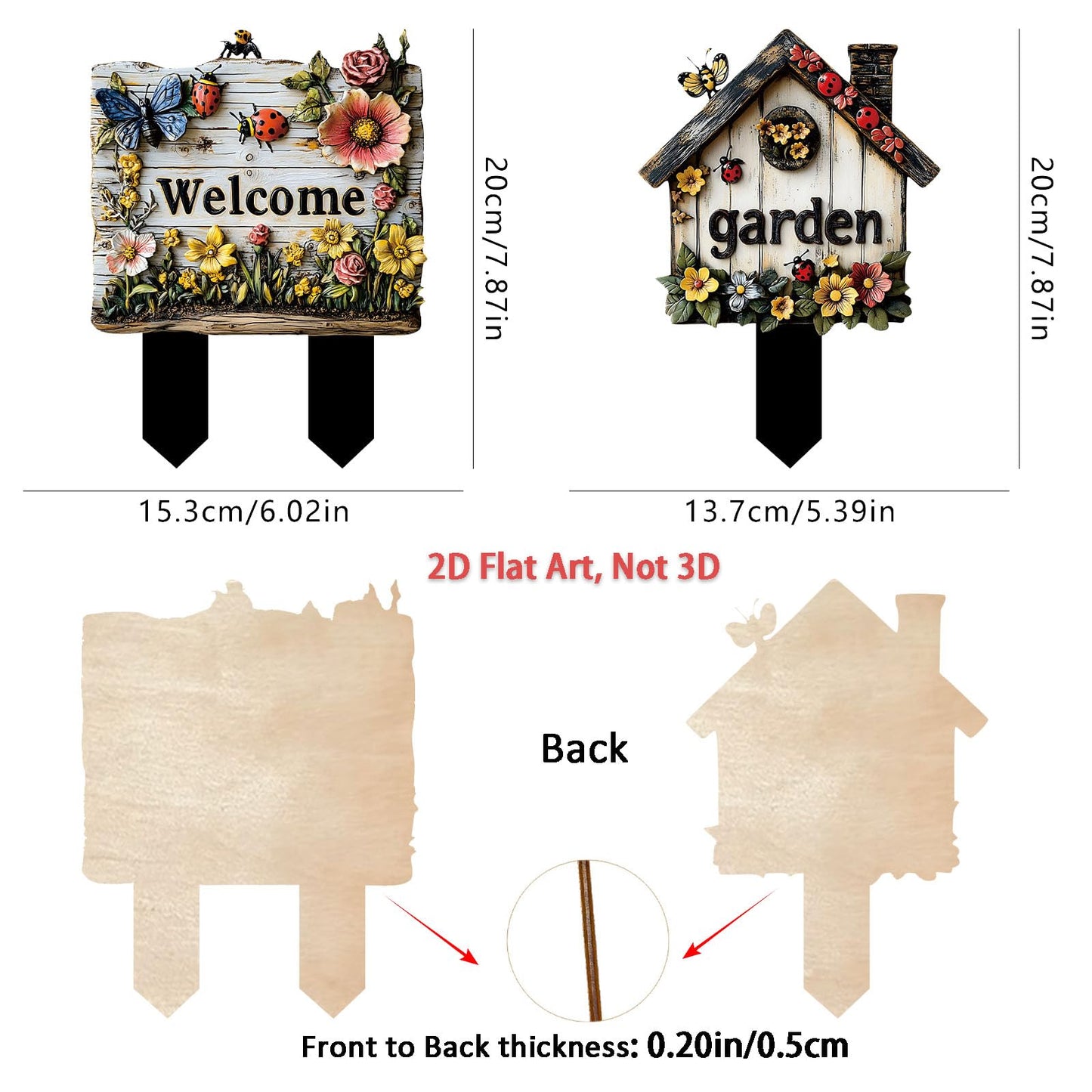 2 Pcs Flowers Garden Sign With Stake, 2D Flat Wooden Floral Ladybug Butterfly Welcome Sign, Personalized Sign Stakes for Pots Flower Bed Yard Lawn