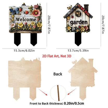 2 Pcs Flowers Garden Sign With Stake, 2D Flat Wooden Floral Ladybug Butterfly Welcome Sign, Personalized Sign Stakes for Pots Flower Bed Yard Lawn