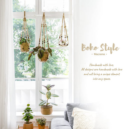 Mkono 3 Pack Macrame Plant Hangers Indoor Different Size Hanging Planter Basket Flower Pot Holder with Beads No Tassels 35"/29"/23", Medium, Brown