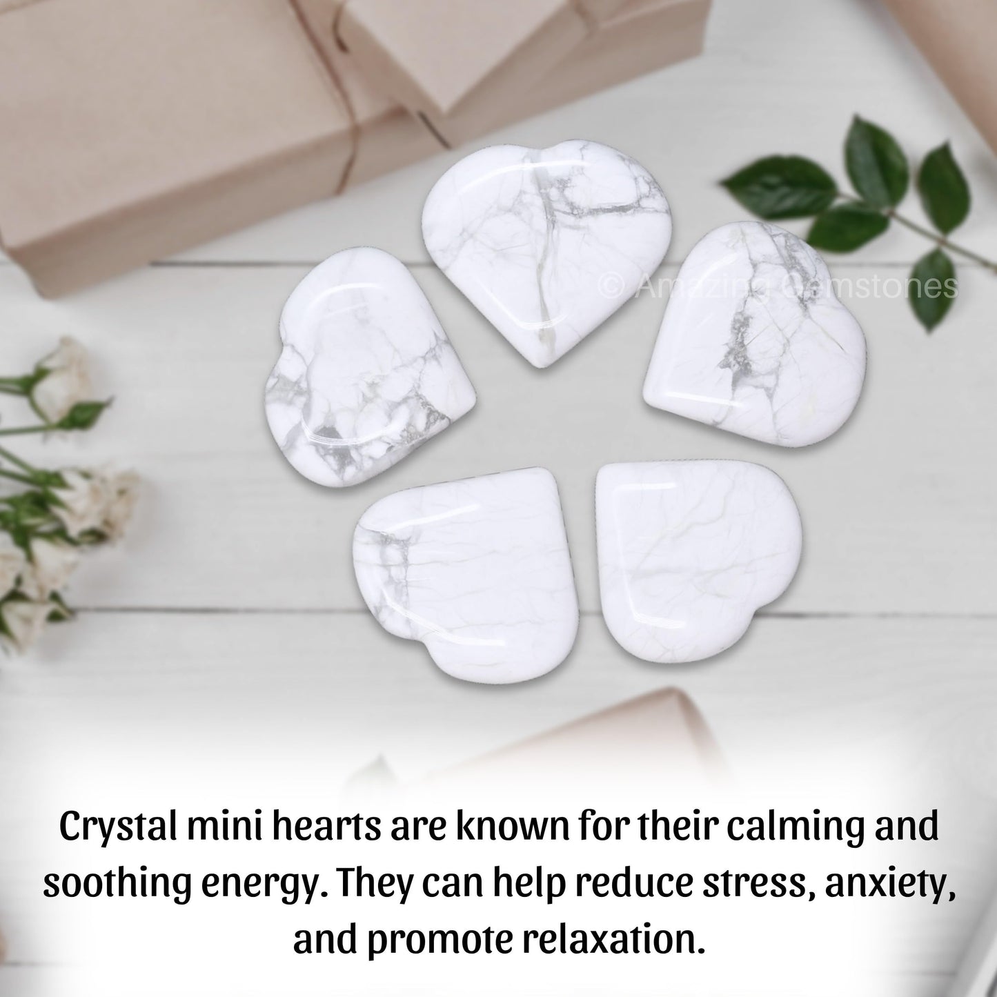 Amazing Gemstone Howlite Stone Heart - Pack of 2 Crystal Heart Stones Rocks - Corazones De Piedra Crystals and Healing Stones Heart Shaped Crystal - Stocking Stuffers Gifts