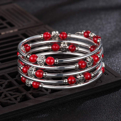 BULINLIN Wrap Bangle Rose Bead Bracelet - Beaded Bracelet with Natural Agate Stone Gifts For Women(01-Red turquoise)