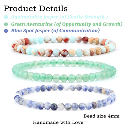 NCB 3-Piece 4mm Natural Crystal Gemstone Stretch Bracelets – ﻿Agalmatolite Jasper, Blue Spot, Green Aventurine Handmade Reiki Energy Healing Jewelry for Meditation,Yoga, Unisex
