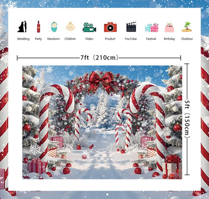 Merry Christmas Candy Cane Backdrop for Photography Winter Snow Scenery Christmas Tree Photo Background Xmas Holiday New Year Eve Family Party Decoration Banner Supplies (82x59 inch (7x5FT))