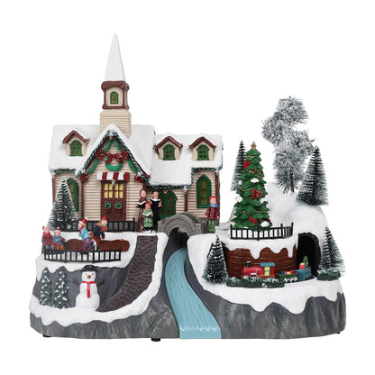 WONDER GARDEN Christmas Village Houses Church House Villages with Rotating Tree,Moving Train and Dancing Kids Musical Lighted Christmas Collectible Buildings for Indoor Decor or Gift