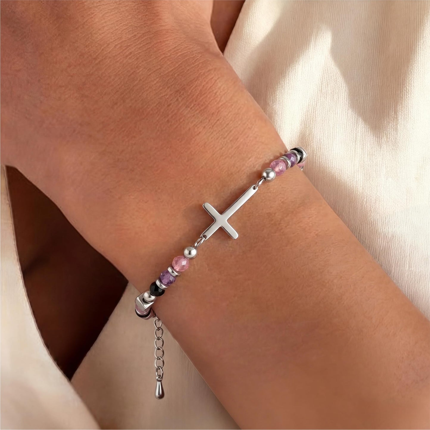 Sisters Gifts from Sister, Dainty Christian Cross Bracelet Adjustable Crystal Anxiety Relief Jewelry for Birthday, Graduation, Christmas, Anniversary
