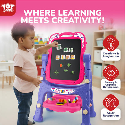 STEAM Life Art Easel for Kids, Double-Sided 4In1 Toddler Easel with Rotable Magnetic Chalkboard & White Drawing Board, Height Adjustable with Magnetic Letters & Numbers Gifts for Boys and Girls