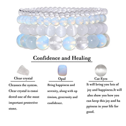 Vinswet 4pcs Natural Stone Beaded Bracelets for Women Men,Healing Crystal Gemstones Stretch Bracelet,4mm 6mm 8mm 10mm Opal Clear crystal Opal Anxiety Stress Relief Bracelet Jewelry Gifts