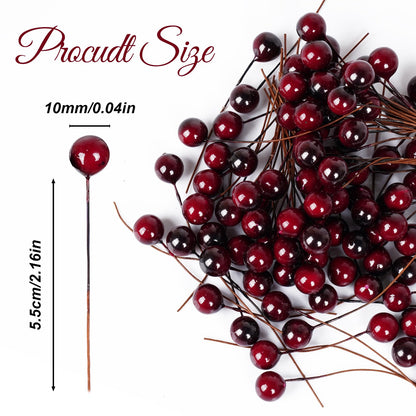 hoyuwak Burgundy Christmas Ornaments - 100 Pcs Artificial Holly Berries on Wire Stems for DIY Christmas Decor, Wreaths, Wedding, and Party Decoration