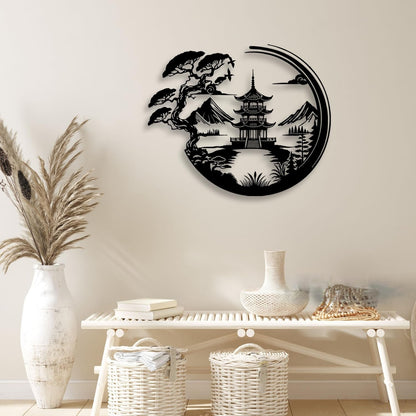 LIYOUYA Bonsai Tree Torii Gate Metal Wall Decor - Japanese Style Room Decor Black Wall Art Home Decor for Living Room, Bedroom, Dining Room (Black)