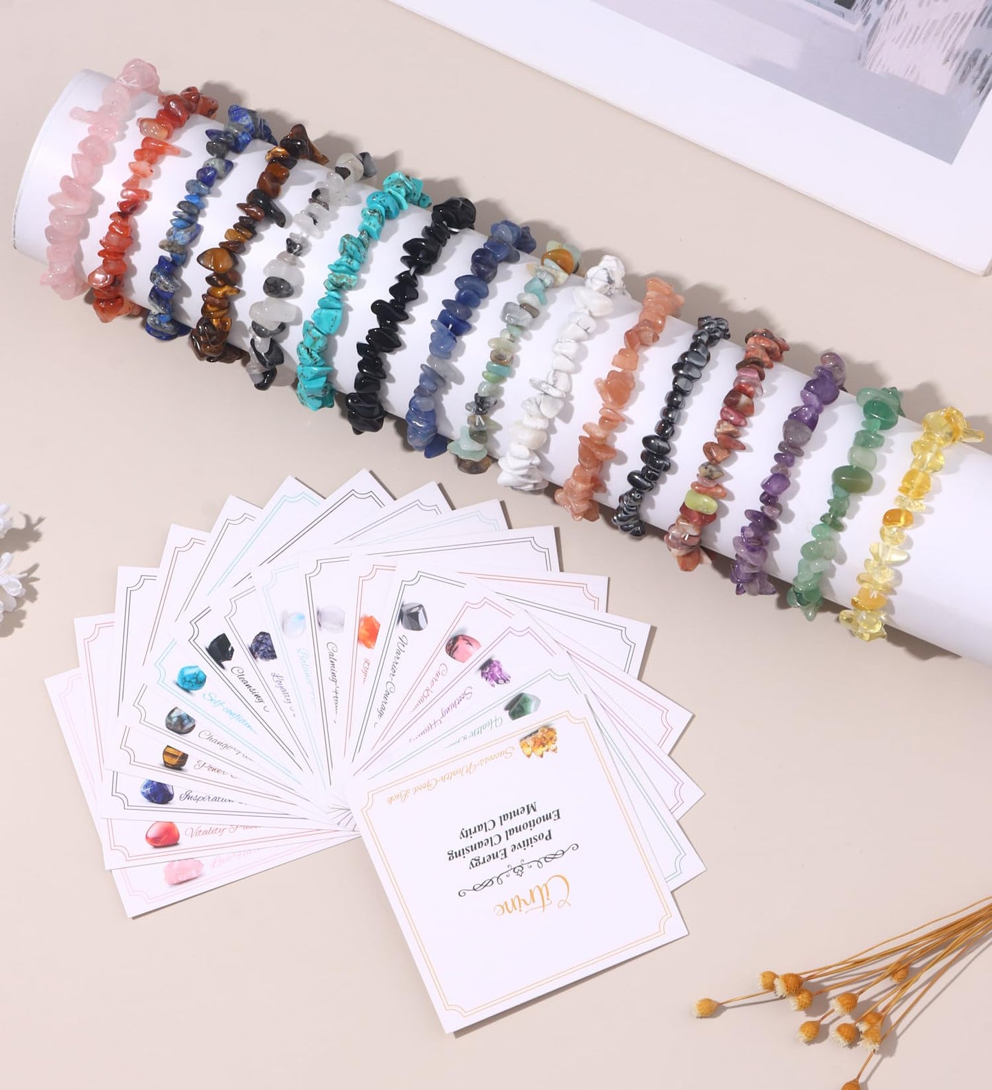 CASDAN 16Pcs Natural Gemstone Bracelets for Women Chakra Crystals Irregular Chips Beads Stretch Bracelets Bulk Colorful Natural Stone Gravel Spiritual Beaded Bracelet Jewelry