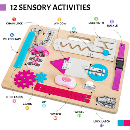Montessori Busy Board for Toddlers, Wooden Sensory Toys, Kids 1-3 Travel Toy, Preschool Learning Activities for Fine Motor Skills, Basic Life Skills Educational Gifts for 1 2 3 Years Old Girls (Pink)
