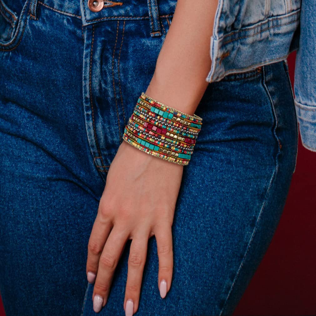 SPUNKYsoul Presents Zura Cuff Bracelet for Women Collection - Adjustable, Stylish Boho Inspired Beaded Bracelets, Trendy Stackable Bead, Ideal for Everyday Wear & Special Occasions (Teal, Red, Cube)