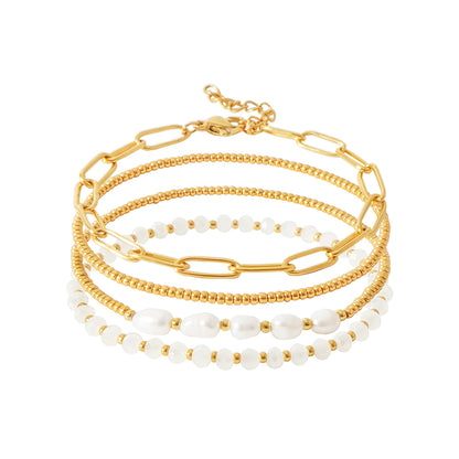 Pymach Dainty Gold Plated Pearl Crystal Beaded Bracelets Set for Women 14K Gold Plated Bead Pearl Beads Bracelet Stackable Paperclip Link Chain Bracelets Gold Plated Bracelets for Women Trendy Jewelry