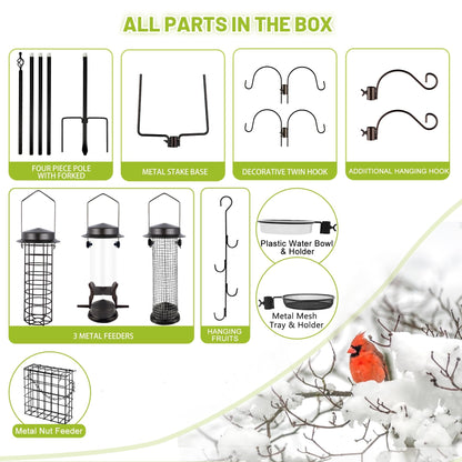 Bird Feeder Station with Suet Cage & Water Bowl Fruit Hook- Adjustable Pole, 6 Hanging Hooks for Wild Birds, Outdoor Garden Bird Feeding Kit