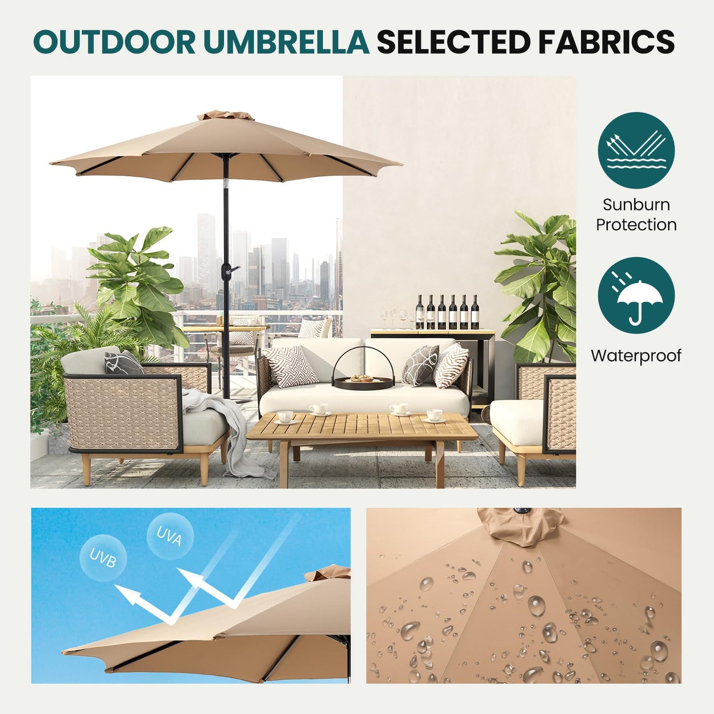 OLIXIS 9ft Patio Umbrella with Tilt and Crank Button & 8 Sturdy Ribs Waterproof, Patio Table Umbrella Perfect for Poolside, Terrace, Beach and Outdoor Restaurant, Brown
