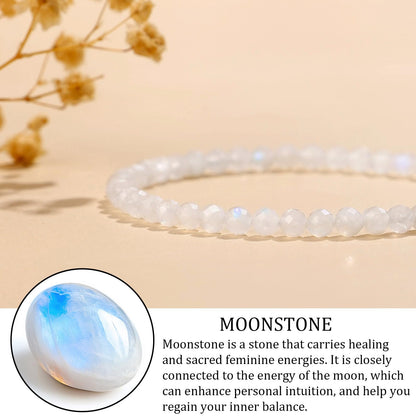 GolbalJew Natural Gemstone Beads Bracelets Healing Crystal Stone Beaded Bracelet for Women Men Handmade Spiritual Jewelry Gifts, 4mm Moonstone Faceted Round Beads