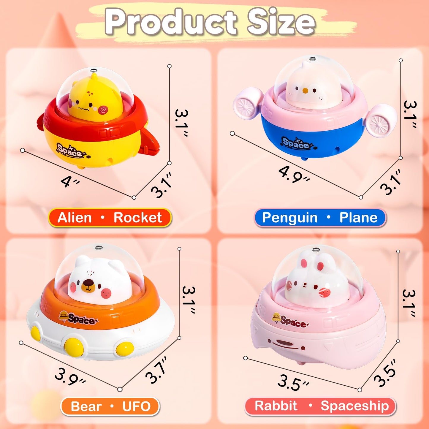 KIDS KING 4PCS Animal Press to Go Car Toys for Toddlers 1-3, Push Go Friction Car Toys for 6-18 Months Baby, Animal Space Racing Cars, Infant Play Vehicle Set, Birthday Gifts for 1 Year Old Girl & Boy