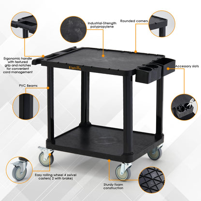 ELAFROS 2-Tier Low Profile Utility Cart, 27.8" x 18" x 26", Deep Shelves, 4” Swivel Wheels with 2 Lockable, Holds up to 330 lbs – Compact Rolling Storage & Service Cart for Office, Home, Garage