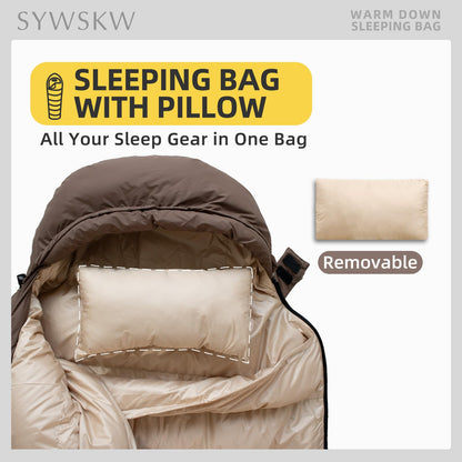 SYWSKW Ultralight Down Sleeping Bag with Pillow,15°F 32°F 46°F Sleeping Bag for Women,Men,Youth Backpacking,Hiking and Camping Outdoor with 680FP Duck Down (Coffee, 800g Down Filling)