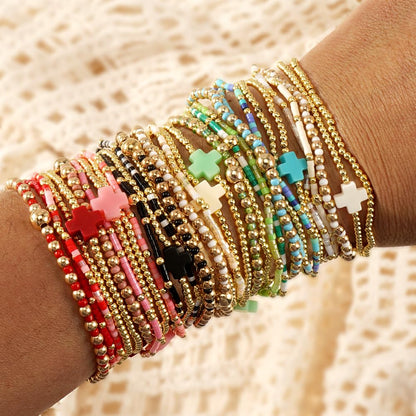 Bohxantium Gold Beaded Cross Bracelets for Women Dainty 14K Gold Plated Beads Ball Green Stretch Stackable Non Tarnish Bracelet Stack Boho Christian Jewelry Accessories Birthday Prom Friendship Gift