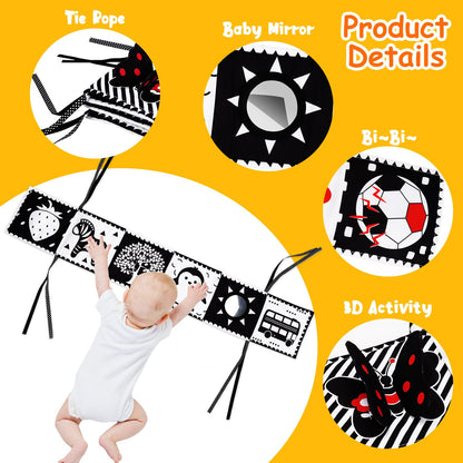 4 PCS Black and White High Contrast Baby Toys 0-3-6 Months Newborn Essential Toy for Babies Crinkle Sensory Book Brain Development Tummy Time Mirror Infant Carseat Rattle Shower Easter Gifts Boy Girl