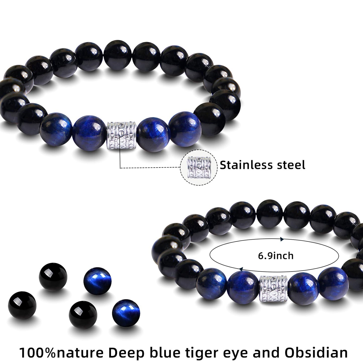 Tiger Eye Obsidian Beaded Bracelets For Men Gemstone Bracelets For Men &Women Fashion Natural Stone Men‘s Jewelry (blue & black)